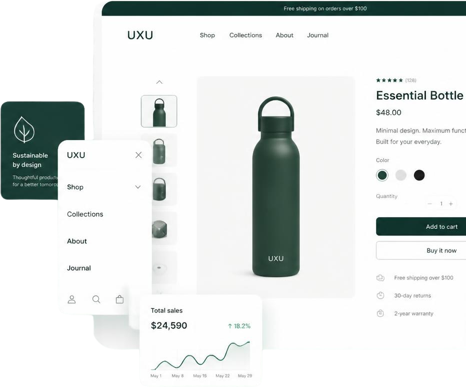 Shopify redesign: een frisse, converterende webshop Modern Shopify webshop ontwerp als visual voor redesign